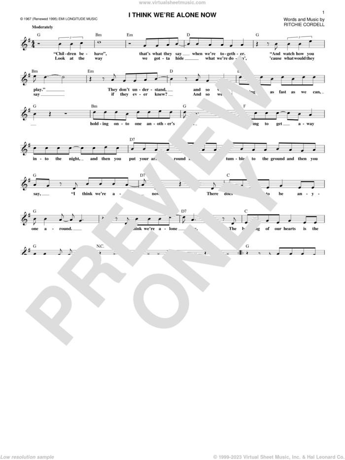 I Think We're Alone Now sheet music for voice and other instruments (fake book) by Tiffany, Tommy James And The Shondells and Ritchie Cordell, intermediate skill level