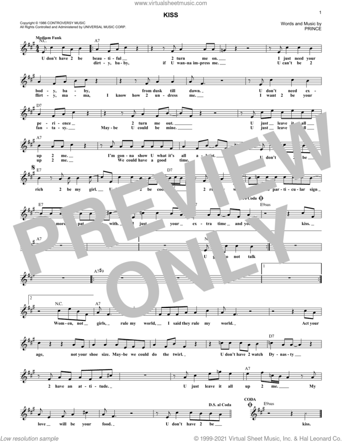 Kiss sheet music for voice and other instruments (fake book) by Prince, intermediate skill level