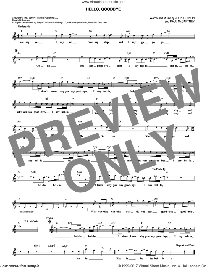 Hello, Goodbye sheet music for voice and other instruments (fake book) by The Beatles, John Lennon and Paul McCartney, intermediate skill level
