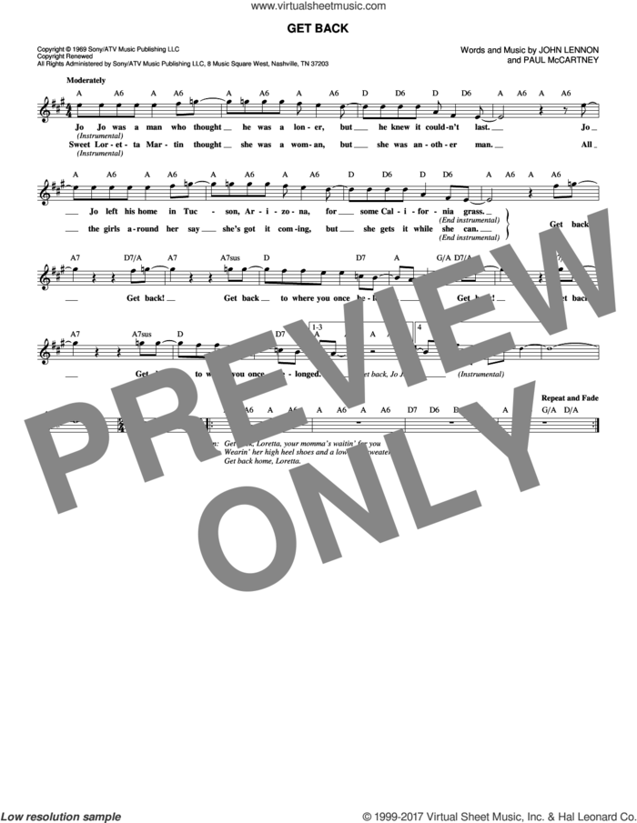Get Back sheet music for voice and other instruments (fake book) by The Beatles, John Lennon and Paul McCartney, intermediate skill level