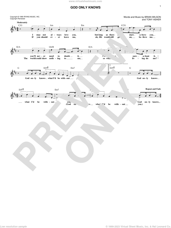 God Only Knows sheet music for voice and other instruments (fake book) by The Beach Boys, Brian Wilson and Tony Asher, intermediate skill level
