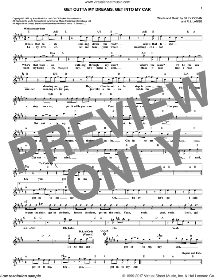 Get Outta My Dreams, Get Into My Car sheet music for voice and other instruments (fake book) by Billy Ocean and Robert John Lange, intermediate skill level