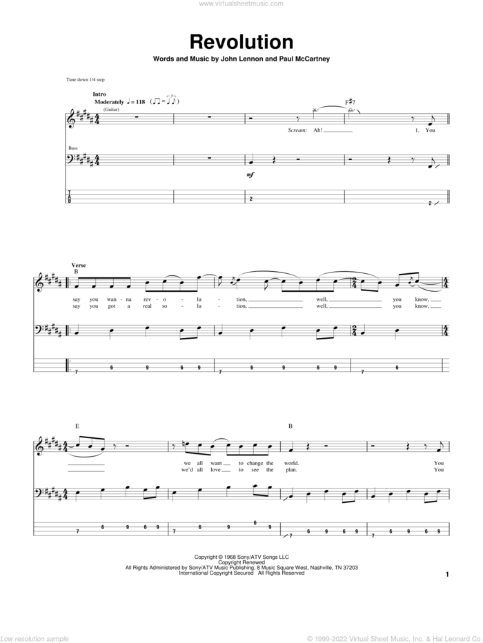 Revolution sheet music for bass (tablature) (bass guitar) by The Beatles, John Lennon and Paul McCartney, intermediate skill level