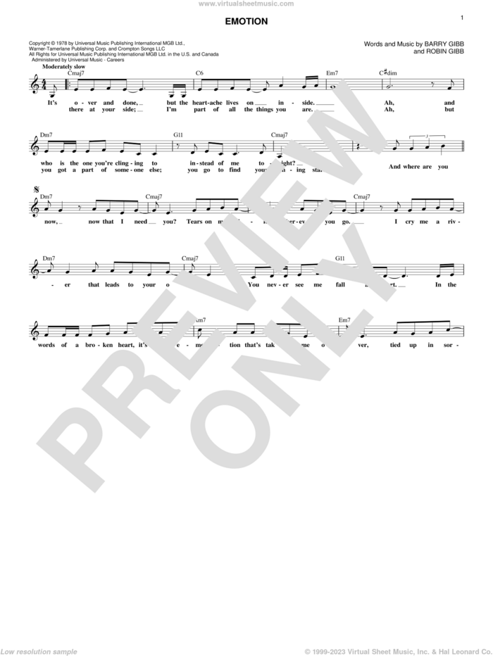 Emotion sheet music for voice and other instruments (fake book) by Destiny's Child, Samantha Sang, Barry Gibb and Robin Gibb, intermediate skill level