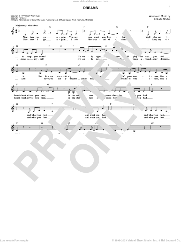 Dreams sheet music for voice and other instruments (fake book) by Fleetwood Mac and Stevie Nicks, intermediate skill level