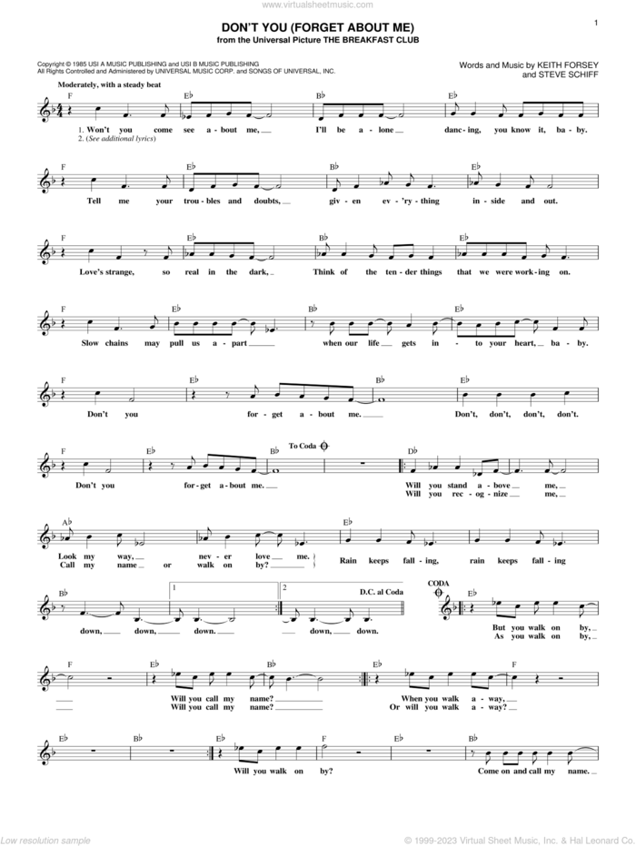 Don't You (Forget About Me) sheet music for voice and other instruments (fake book) by Simple Minds, Keith Forsey and Steve Schiff, intermediate skill level