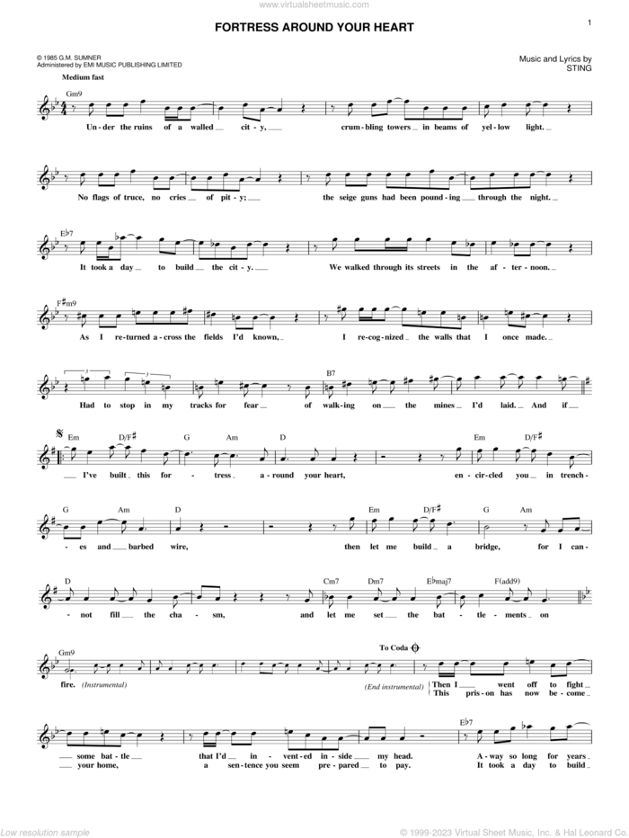 Fortress Around Your Heart sheet music for voice and other instruments (fake book) by Sting, intermediate skill level
