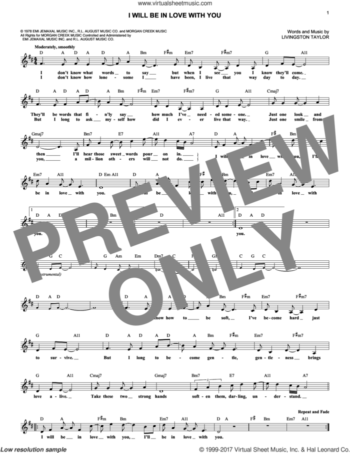 I Will Be In Love With You sheet music for voice and other instruments (fake book) by Livingston Taylor, intermediate skill level