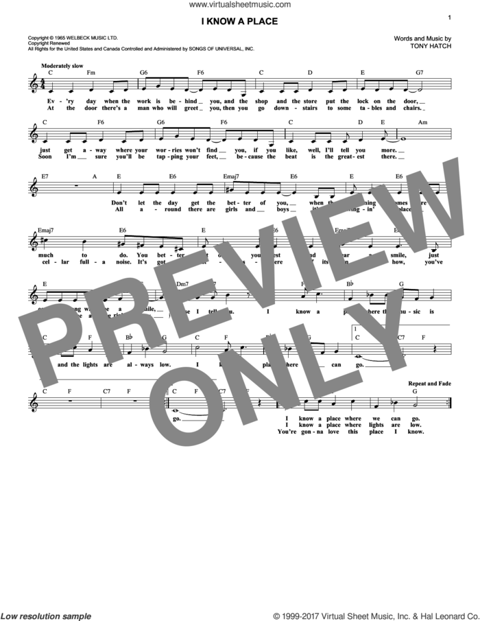 I Know A Place sheet music for voice and other instruments (fake book) by Petula Clark and Tony Hatch, intermediate skill level