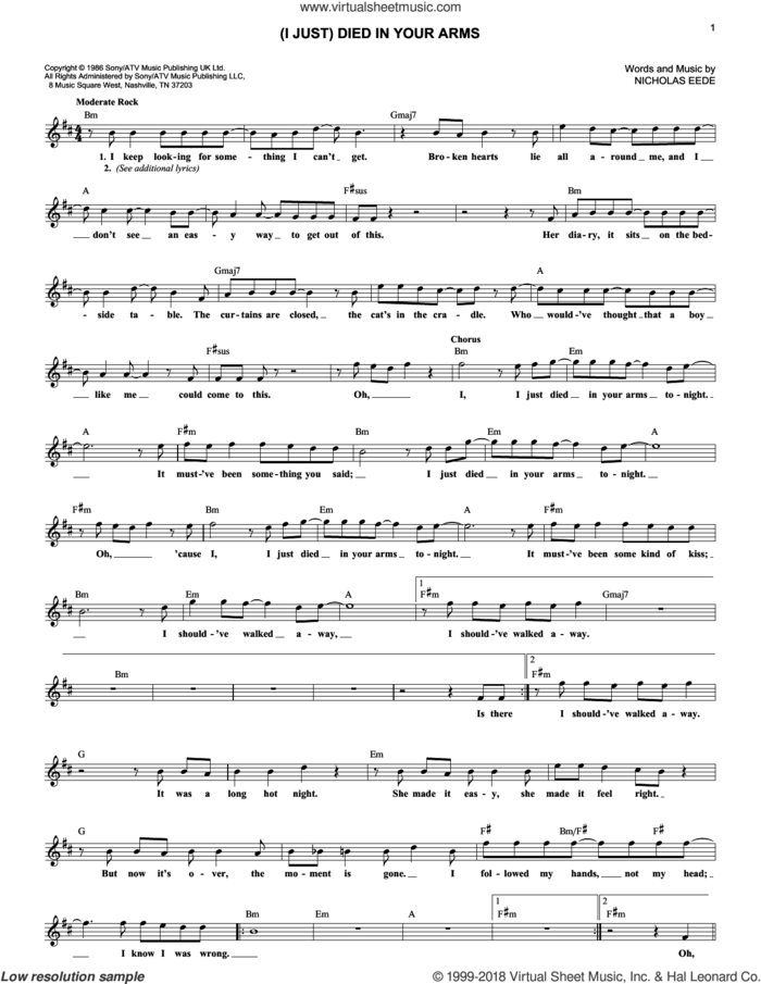 (I Just) Died In Your Arms sheet music for voice and other instruments (fake book) by Cutting Crew and Nick van Eede, intermediate skill level