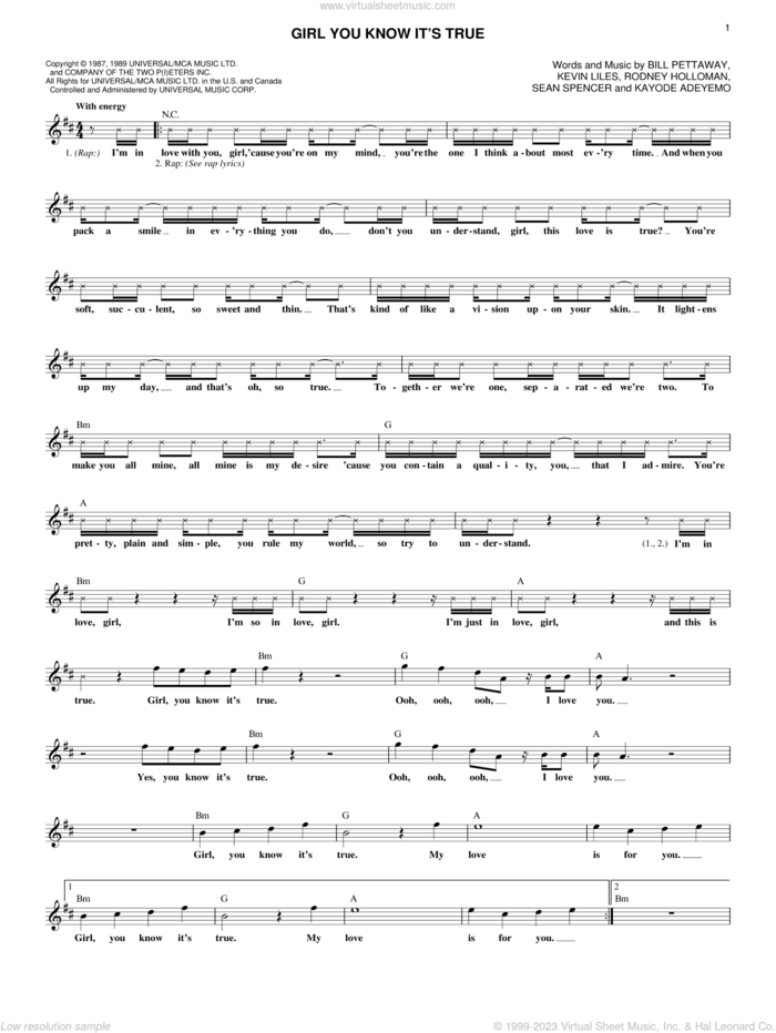 Girl You Know It's True sheet music for voice and other instruments (fake book) by Milli Vanilli, Bill Pettaway, Kayode Adeyemo, Kevin Liles, Rodney Holloman and Sean Spencer, intermediate skill level