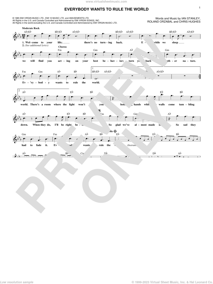 Everybody Wants To Rule The World sheet music for voice and other instruments (fake book) by Tears For Fears, Christopher Hughes, Ian Stanley and Roland Orzabal, intermediate skill level