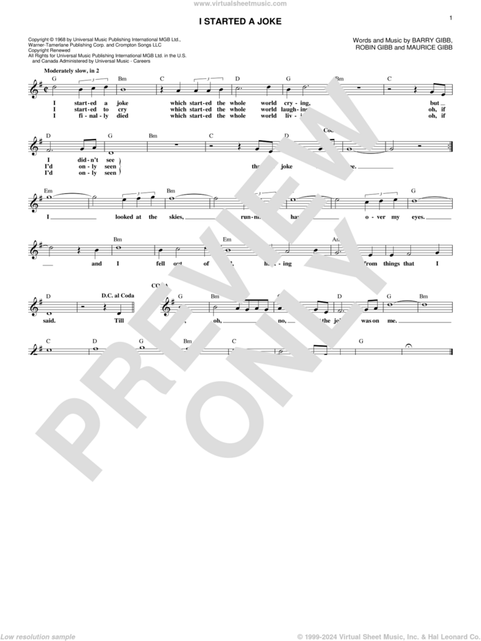 I Started A Joke sheet music for voice and other instruments (fake book) by Bee Gees, Barry Gibb, Maurice Gibb and Robin Gibb, intermediate skill level
