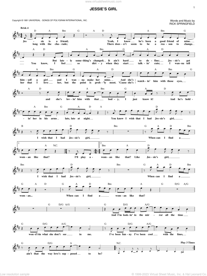 Jessie's Girl sheet music for voice and other instruments (fake book) by Rick Springfield, intermediate skill level