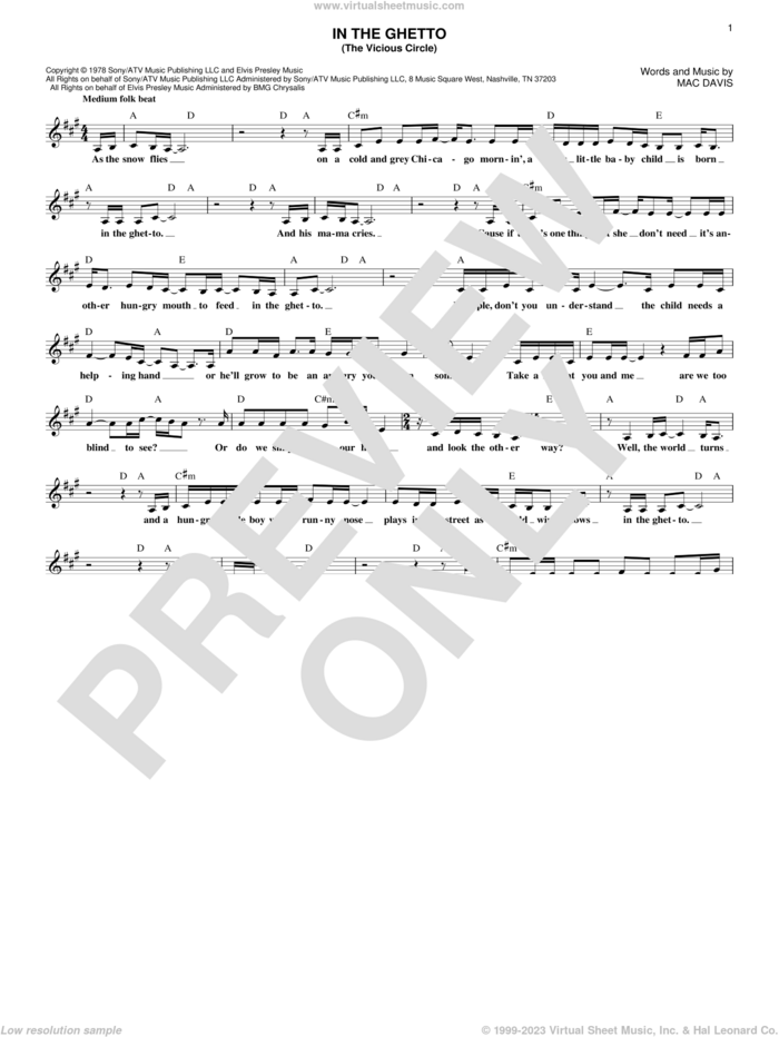 In The Ghetto (The Vicious Circle) sheet music for voice and other instruments (fake book) by Elvis Presley and Mac Davis, intermediate skill level