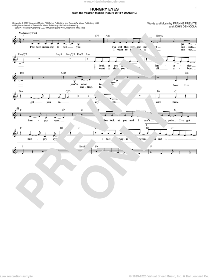 Hungry Eyes sheet music for voice and other instruments (fake book) by Eric Carmen, Franke Previte and John DeNicola, intermediate skill level