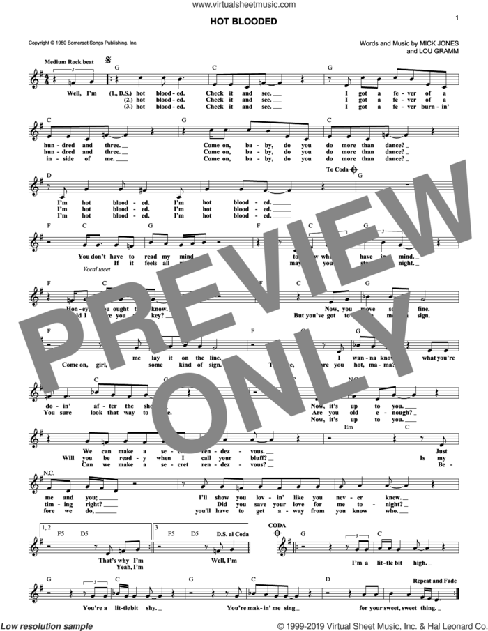 Hot Blooded sheet music for voice and other instruments (fake book) by Foreigner, Lou Gramm and Mick Jones, intermediate skill level