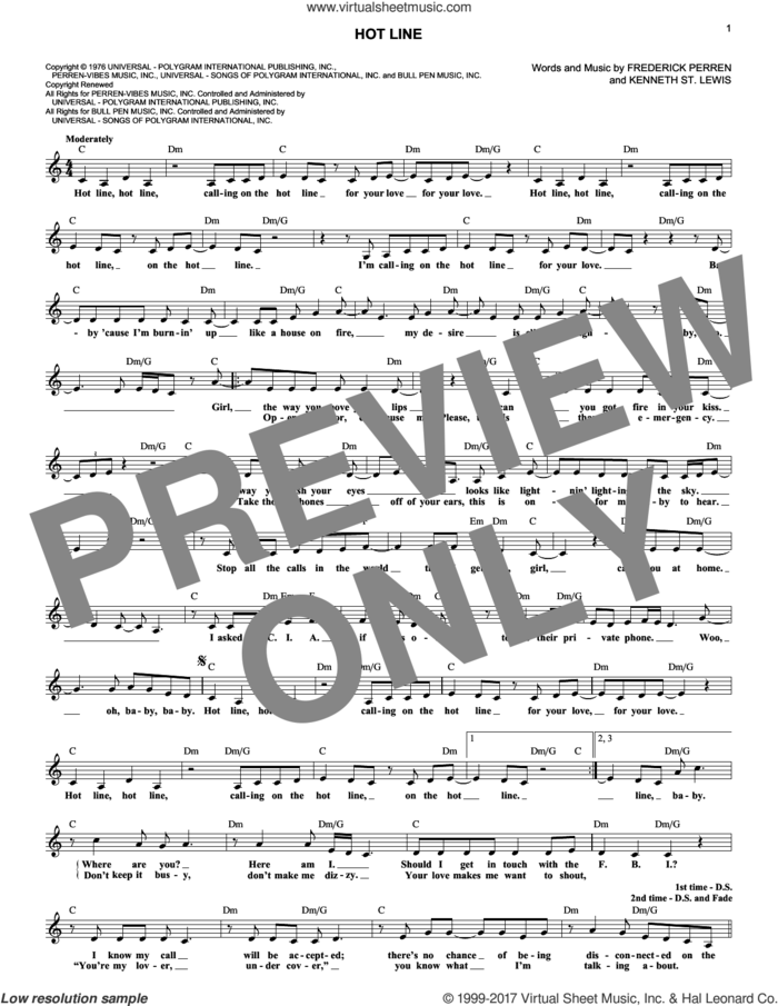 Hot Line sheet music for voice and other instruments (fake book) by The Sylvers, Frederick Perren and Kenneth St. Lewis, intermediate skill level
