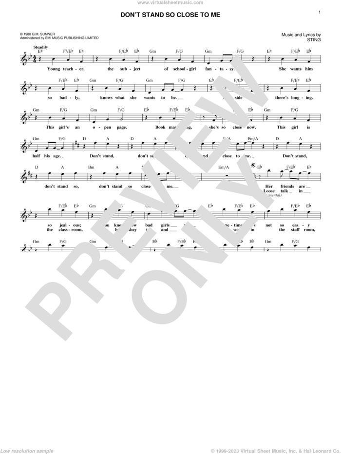 Don't Stand So Close To Me sheet music for voice and other instruments (fake book) by The Police and Sting, intermediate skill level