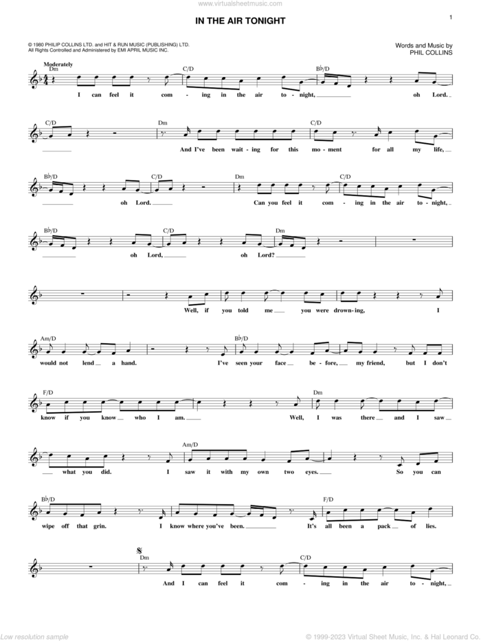 In The Air Tonight sheet music for voice and other instruments (fake book) by Phil Collins, intermediate skill level