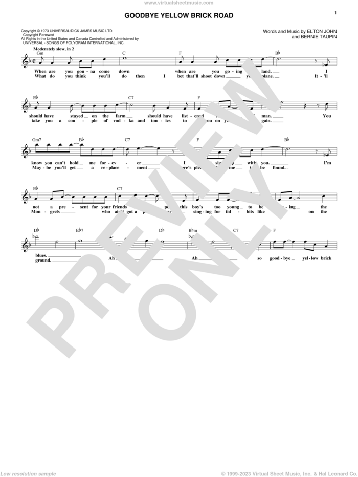 Goodbye Yellow Brick Road sheet music for voice and other instruments (fake book) by Elton John and Bernie Taupin, intermediate skill level