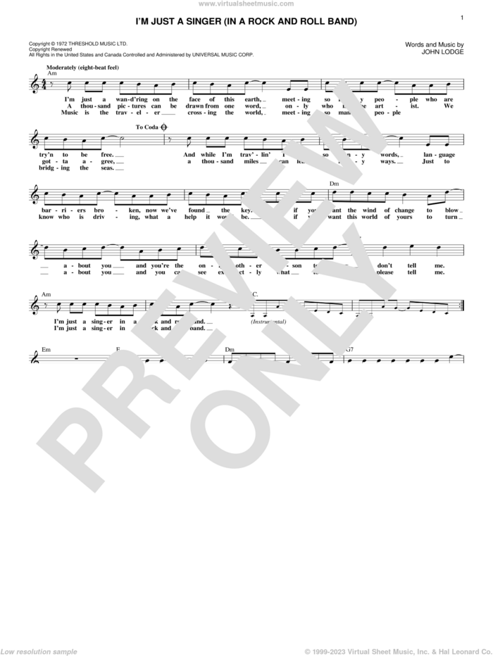 I'm Just A Singer (In A Rock And Roll Band) sheet music for voice and other instruments (fake book) by The Moody Blues and John Lodge, intermediate skill level