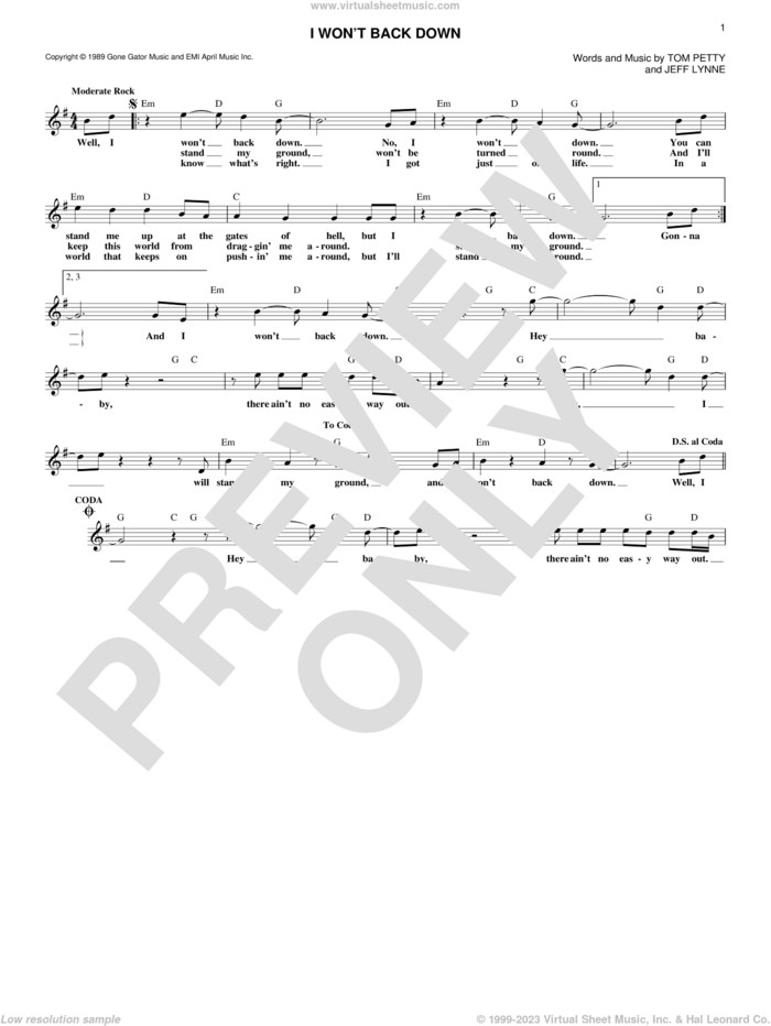 I Won't Back Down sheet music for voice and other instruments (fake book) by Tom Petty and Jeff Lynne, intermediate skill level
