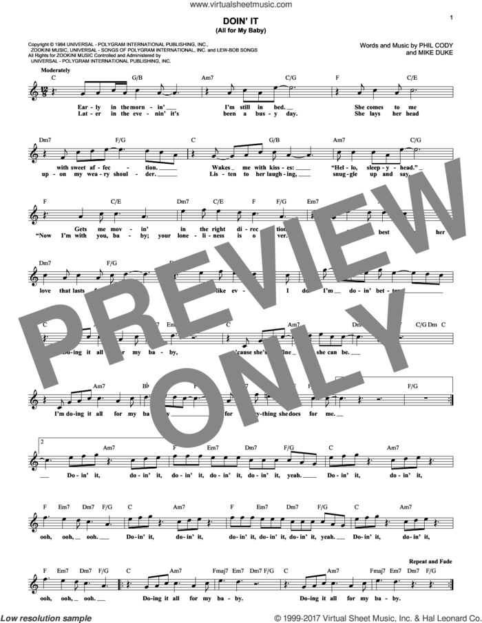 Doin' It (All For My Baby) sheet music for voice and other instruments (fake book) by Huey Lewis & The News, Mike Duke and Phil Cody, intermediate skill level