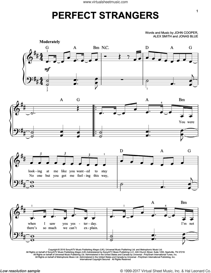 Perfect Strangers sheet music for piano solo by JP Cooper, Alex Smith, John Cooper and Jonas Blue, easy skill level