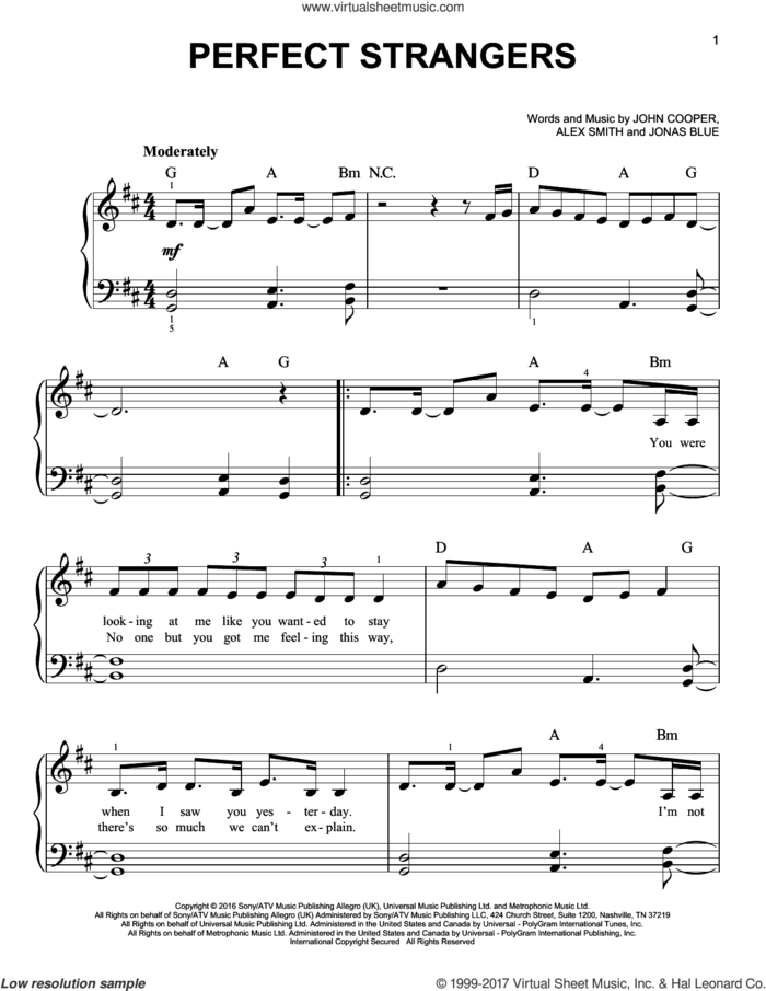 Perfect Strangers, (easy) sheet music for piano solo by JP Cooper, Alex Smith, John Cooper and Jonas Blue, easy skill level