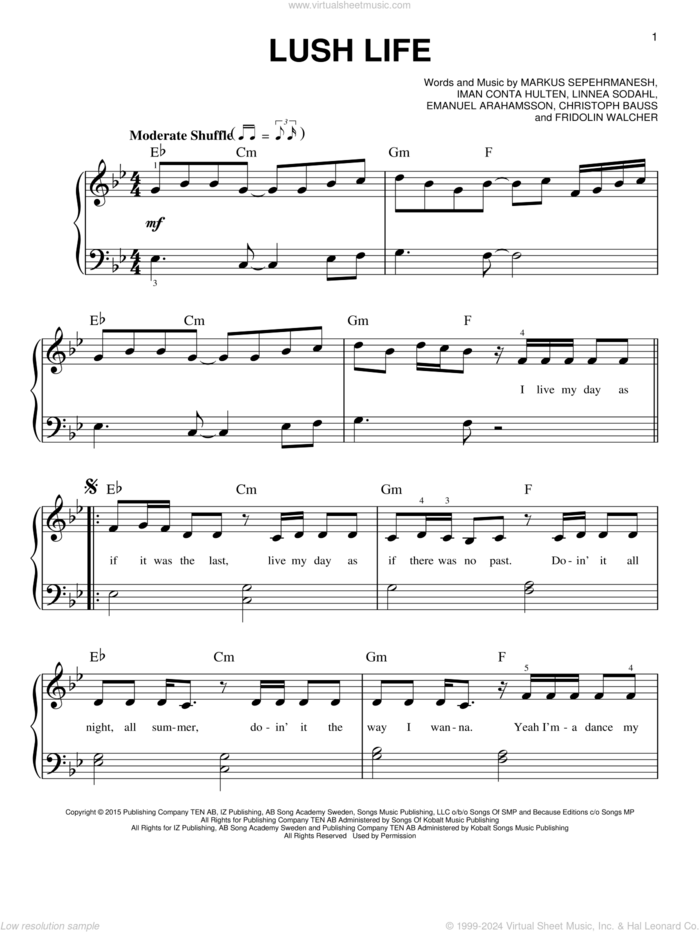 Lush Life sheet music for piano solo by Zara Larsson, Christoph Bauss, Emanuel Abrahamsson, Fridolin Walcher, Iman Conta Hulten, Linnea Sodahl and Markus Sepehrmanesh, easy skill level