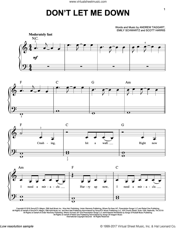 Don't Let Me Down sheet music for piano solo by The Chainsmokers feat. Daya, Andrew Taggart, Emily Schwartz and Scott Harris, easy skill level