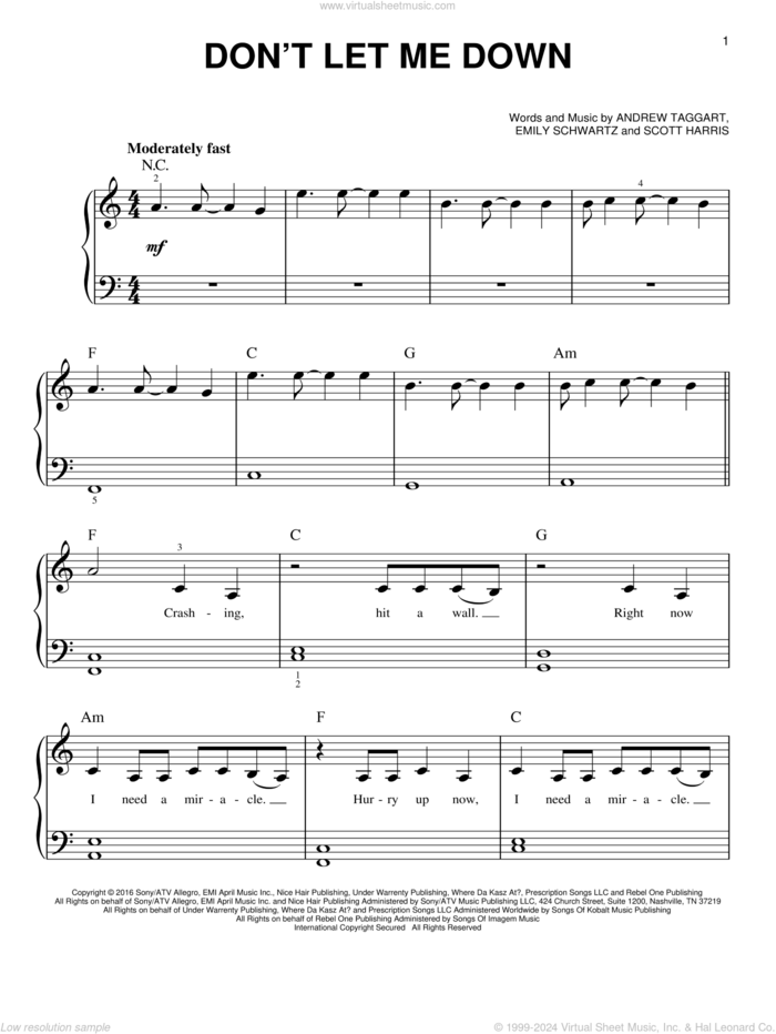 Don't Let Me Down sheet music for piano solo by The Chainsmokers feat. Daya, Andrew Taggart, Emily Schwartz and Scott Harris, easy skill level