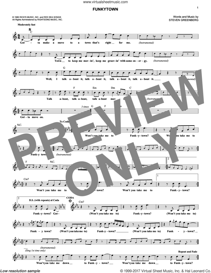 Funkytown sheet music for voice and other instruments (fake book) by Lipps Inc. and Steven Greenberg, intermediate skill level