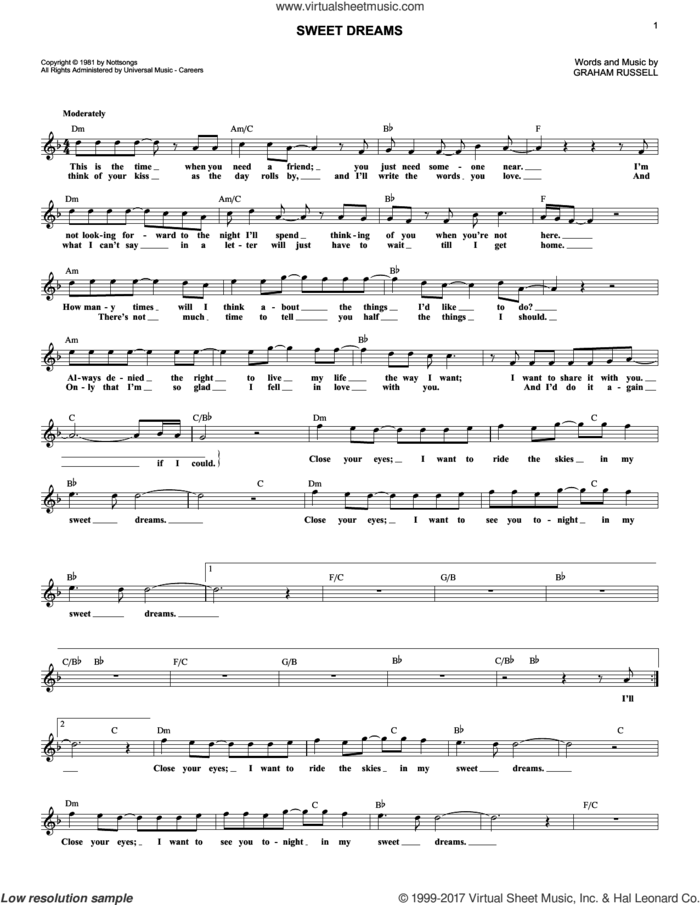 Sweet Dreams sheet music for voice and other instruments (fake book) by Air Supply and Graham Russell, intermediate skill level