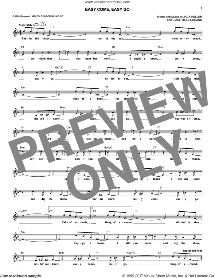Easy Come, Easy Go sheet music for voice and other instruments (fake book) by Bobby Sherman, Diane Hilderbrand and Jack Keller, intermediate skill level