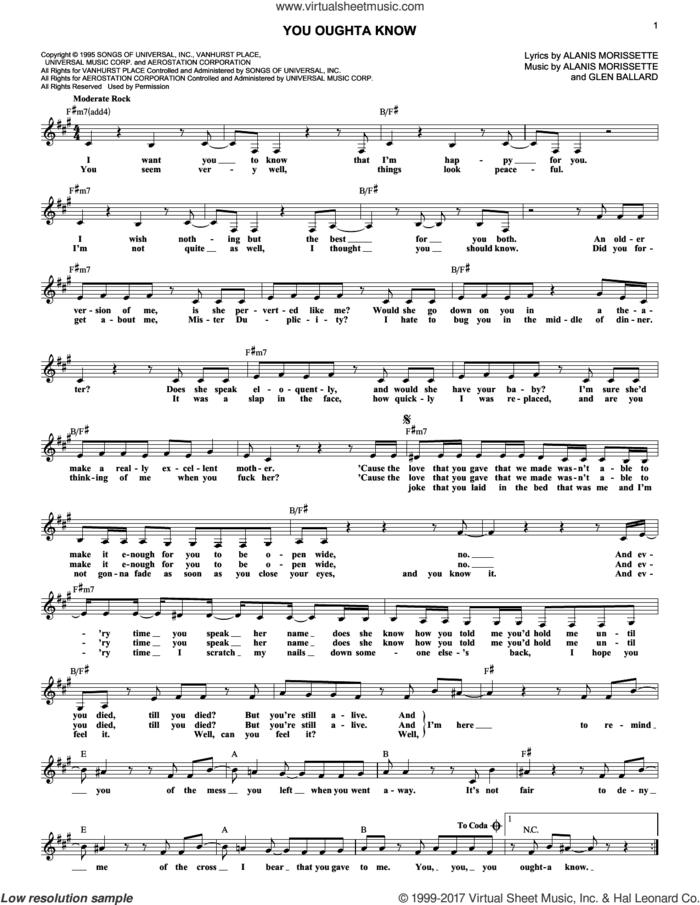 You Oughta Know sheet music for voice and other instruments (fake book) by Alanis Morissette and Glen Ballard, intermediate skill level