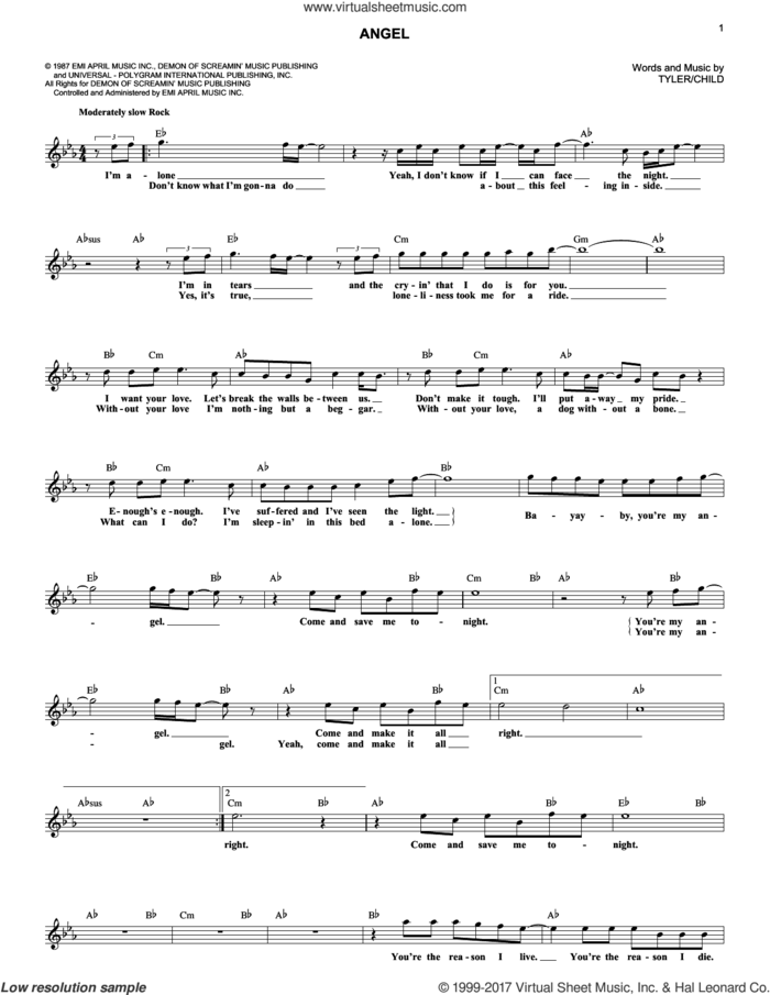 Angel sheet music for voice and other instruments (fake book) by Aerosmith, Desmond Child and Steven Tyler, intermediate skill level