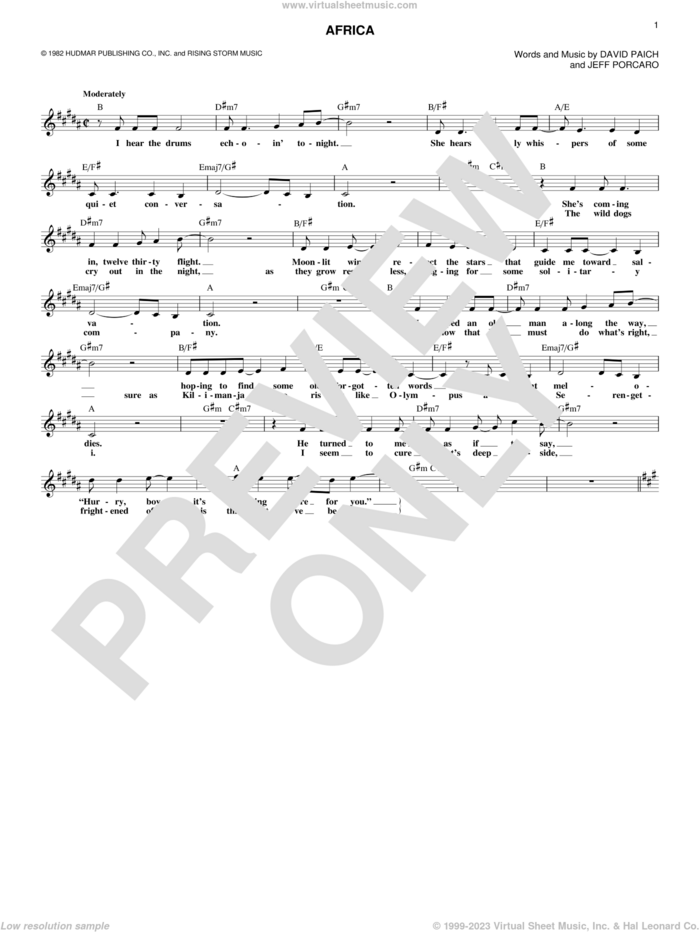 Africa sheet music for voice and other instruments (fake book) by Toto, David Paich and Jeff Porcaro, intermediate skill level