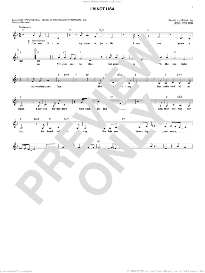 I'm Not Lisa sheet music for voice and other instruments (fake book) by Jessi Colter, intermediate skill level