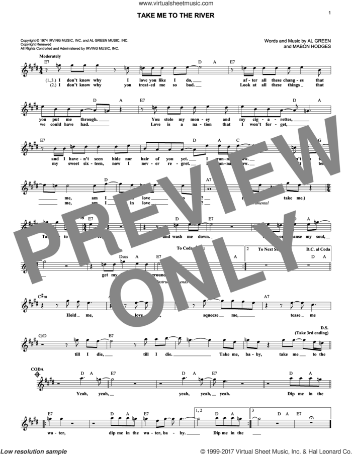 Take Me To The River sheet music for voice and other instruments (fake book) by Al Green, Annie Lennox and Mabon Hodges, intermediate skill level