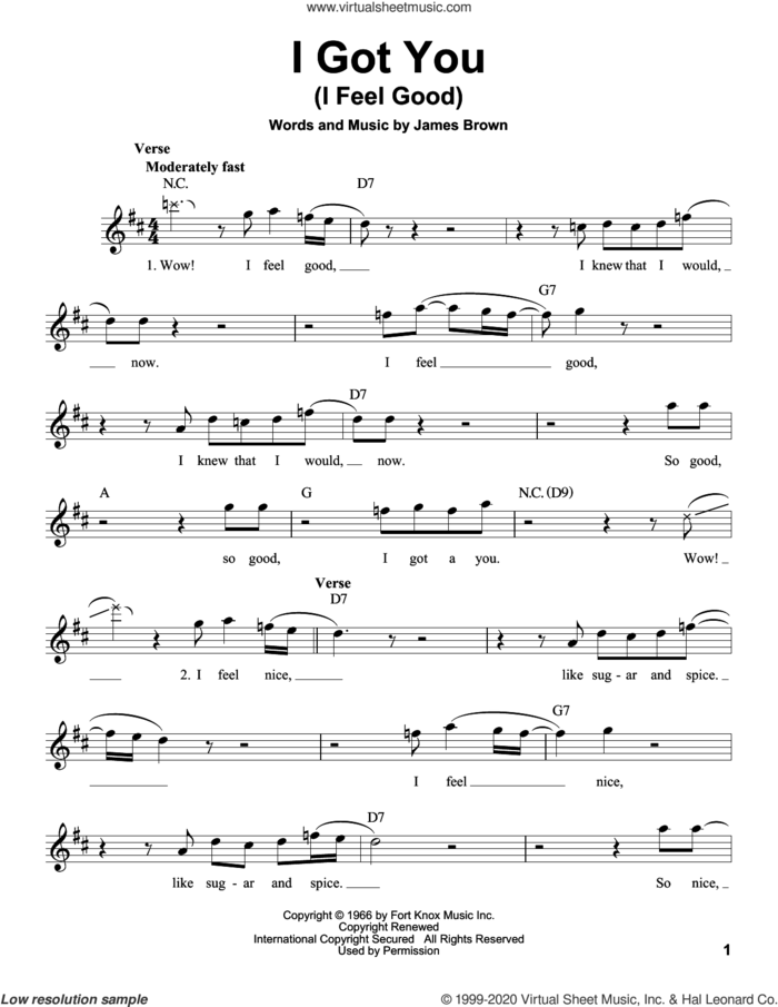 I Got You (I Feel Good) sheet music for voice solo by James Brown, intermediate skill level