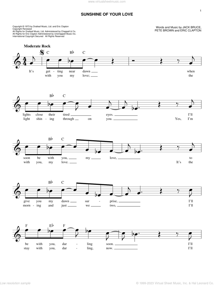 Sunshine Of Your Love sheet music for voice and other instruments (fake book) by Cream, Eric Clapton, Jack Bruce and Pete Brown, intermediate skill level