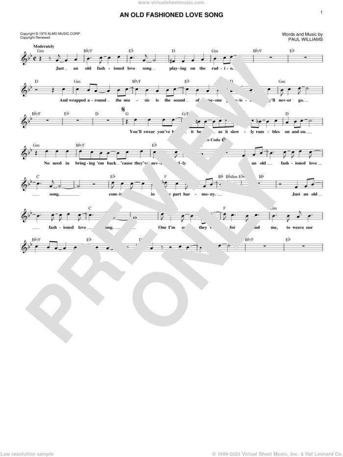 An Old Fashioned Love Song sheet music for voice and other instruments (fake book) by Three Dog Night and Paul Williams, intermediate skill level