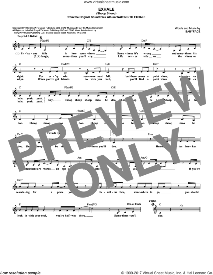 Exhale (Shoop Shoop) sheet music for voice and other instruments (fake book) by Whitney Houston and Babyface, intermediate skill level