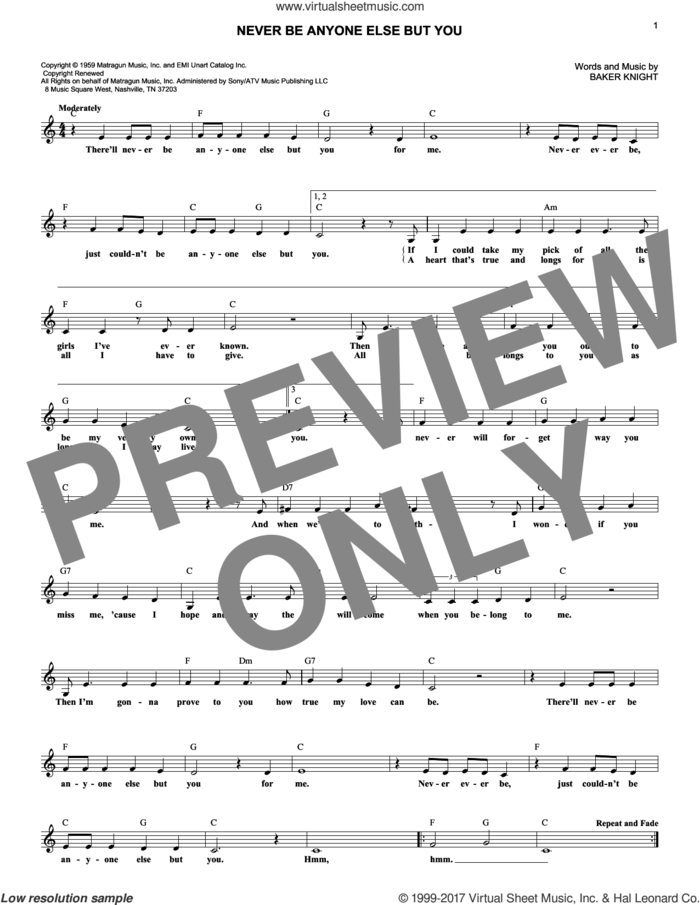 Never Be Anyone Else But You sheet music for voice and other instruments (fake book) by Ricky Nelson and Baker Knight, intermediate skill level