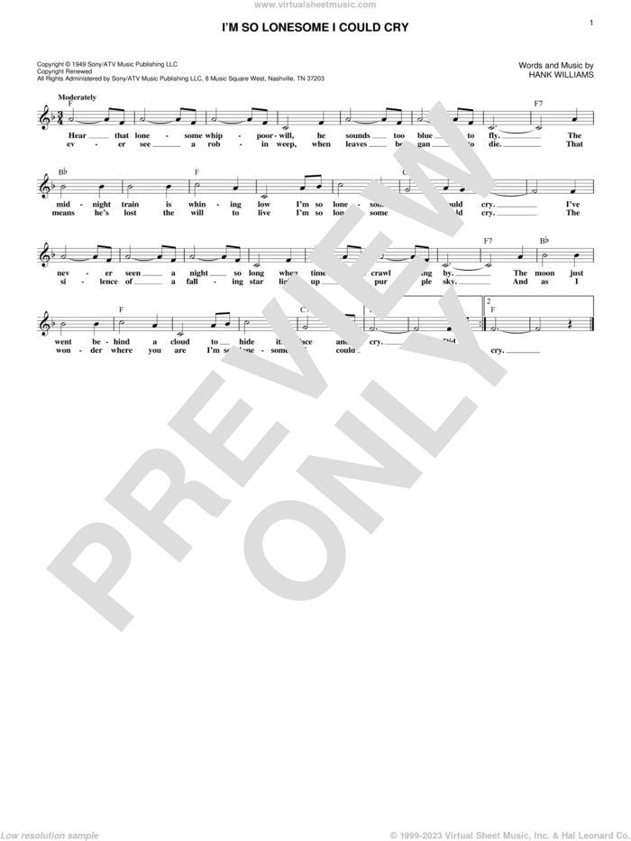 I'm So Lonesome I Could Cry sheet music for voice and other instruments (fake book) by Hank Williams, B.J. Thomas and Elvis Presley, intermediate skill level