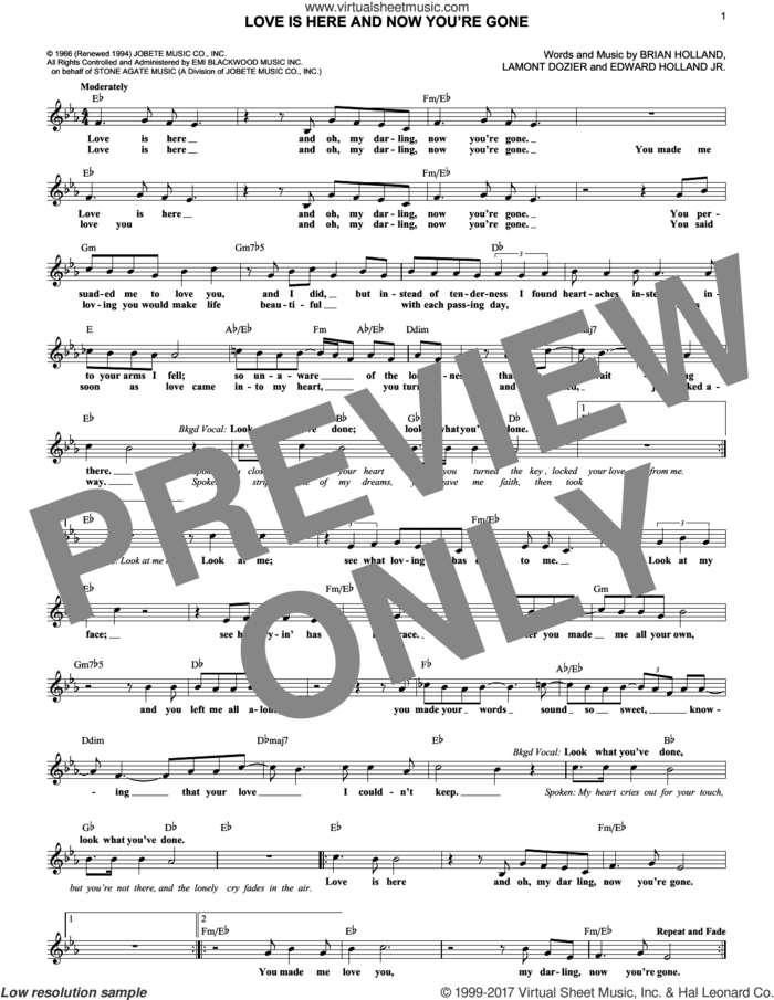 Love Is Here And Now You're Gone sheet music for voice and other instruments (fake book) by The Supremes, Brian Holland, Edward Holland Jr. and Lamont Dozier, intermediate skill level