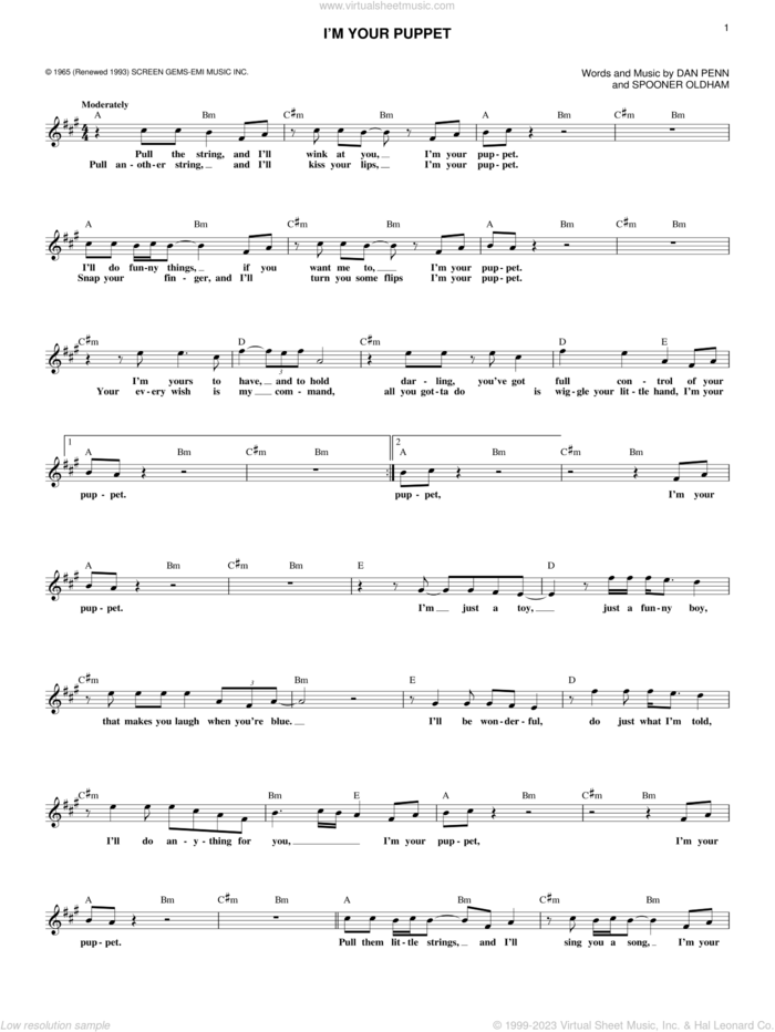 I'm Your Puppet sheet music for voice and other instruments (fake book) by James & Bobby Purify, Dan Penn and Spooner Oldham, intermediate skill level