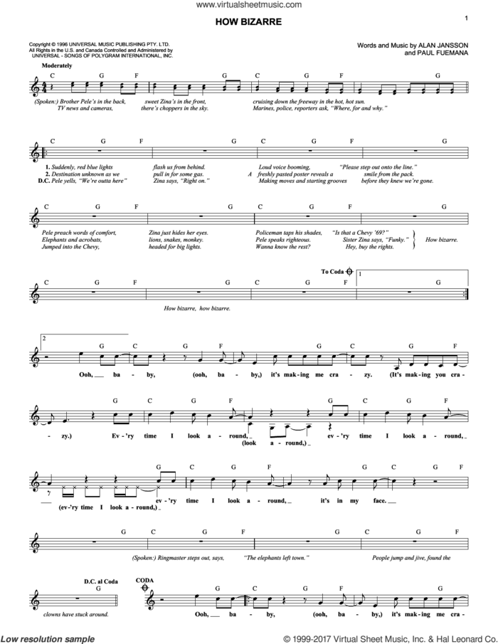 How Bizarre sheet music for voice and other instruments (fake book) by OMC, Alan Jansson and Paul Fuemana, intermediate skill level